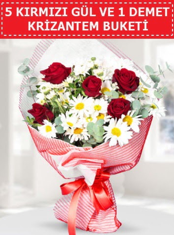 5 adet kırmızı gül ve krizantem buketi  İzmit 14 şubat sevgililer günü çiçek 